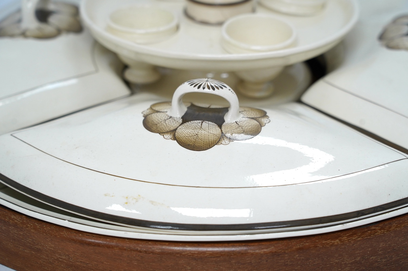 A late 18th century creamware breakfast set, fitted within later mahogany tray, 52cm handle to handle. Condition - some damage
